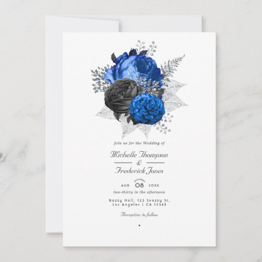 Royal Blue, Black & Silver Floral QR Code Hochzeit Einladung (Vorderseite)