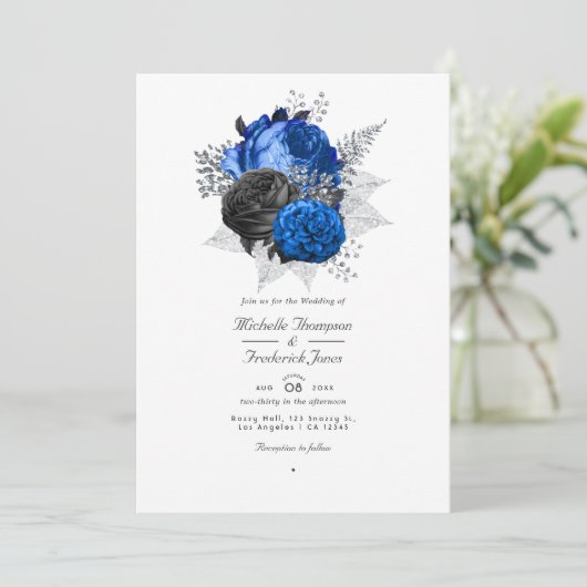 Royal Blue, Black & Silver Floral QR Code Hochzeit Einladung (Stehend Vorderseite)