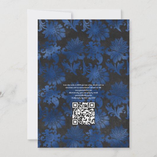 Royal Blue, Black & Silver Floral QR Code Hochzeit Einladung (Rückseite)