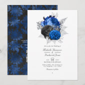 Royal Blue, Black & Silver Floral QR Code Hochzeit Einladung (Vorne/Hinten)