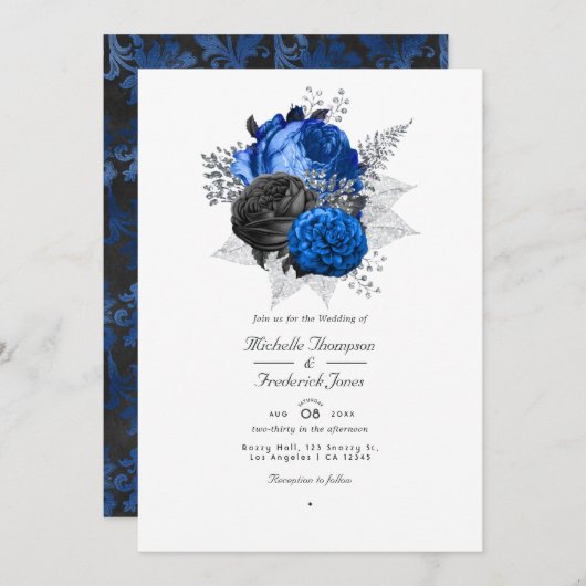 Royal Blue, Black & Silver Floral QR Code Hochzeit Einladung (Vorne/Hinten)