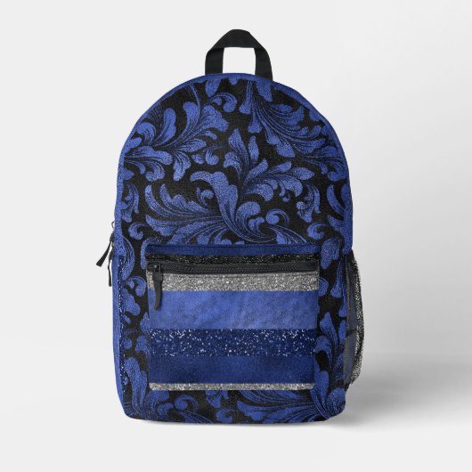 ROYAL BLUE BLACK & SILVER GLITZER SEHEN PATTER AUS BEDRUCKTER RUCKSACK (Vorderseite)