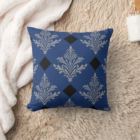 Royal Blue, Black und Silver Damask Style Kissen (Decke)