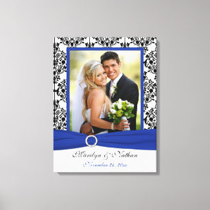 Royal Blue, Black, White Damask Wedding Leinwand