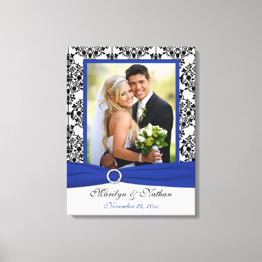 Royal Blue, Black, White Damask Wedding Leinwand (Vorderseite)