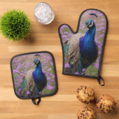 Royal Blue: Blue Peacock in Lavender Field, Ofenhandschuh & Topflappen-Set (Oben Unten)