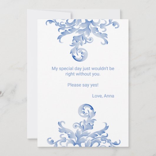 Royal Blue Blühe wird meine Trauzeugin sein Einladung (Rückseite)