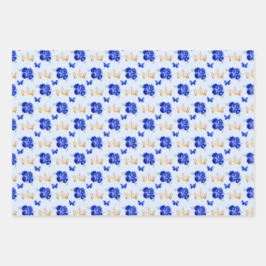 Royal Blue Blumen und Goldkronen Geschenkpapier Set (Vorderseite 3)
