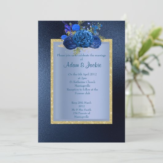 ROYAL BLUE Blumenstrauß ELEGANT CLASSY WEDY Einladung (Stehend Vorderseite)