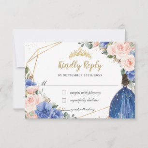 Royal Blue Blush Floral Quinceañera Prinzessin Rep RSVP Karte