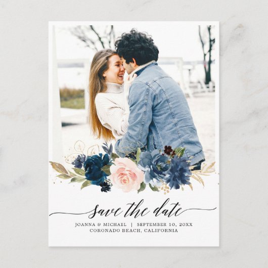 Royal Blue Blush Foto Save the Date Postkarte (Vorderseite)
