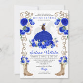 Royal Blue Boots Rose Ranchero Charro Quinceañera Einladung (Vorderseite)