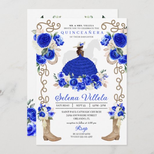 Royal Blue Boots Rose Ranchero Charro Quinceañera Einladung (Vorne/Hinten)