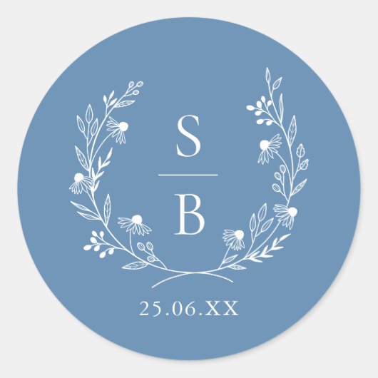 Royal Blue Botanical Monogram Wreath Wedding Runder Aufkleber (Vorderseite)