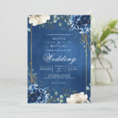 Royal Blue Botanical Romance Wedding Einladung (Stehend Vorderseite)