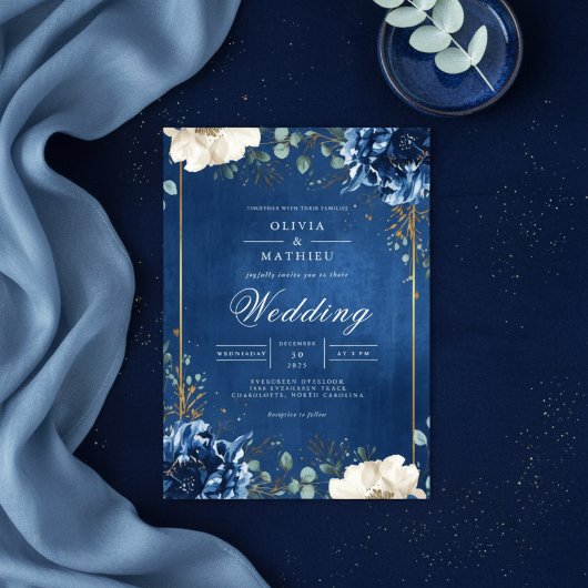 Royal Blue Botanical Romance Wedding Einladung