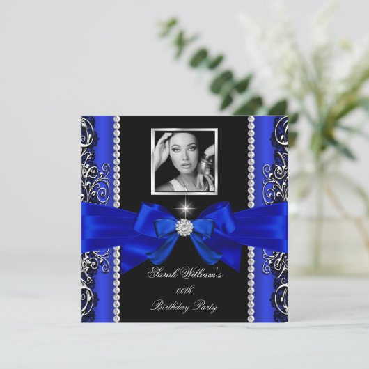 Royal Blue Bow Birthday Party Black Silver Foto 2 Einladung (Stehend Vorderseite)