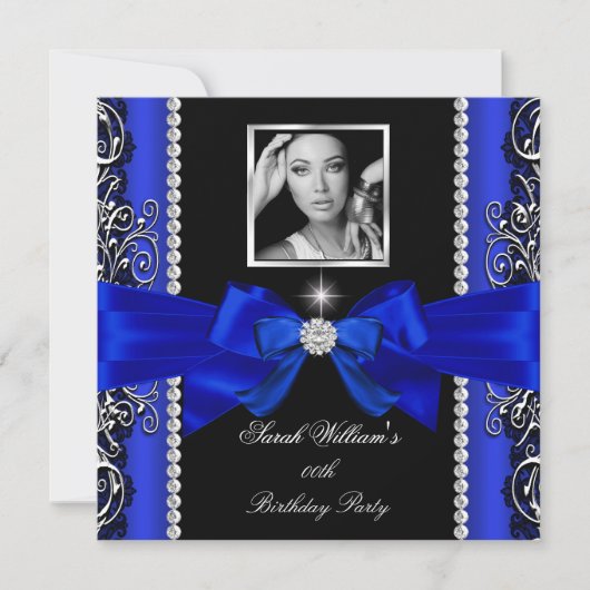 Royal Blue Bow Birthday Party Black Silver Foto 2 Einladung (Vorderseite)