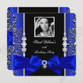 Royal Blue Bow Birthday Party Black Silver Foto 3 Einladung (Vorne/Hinten)