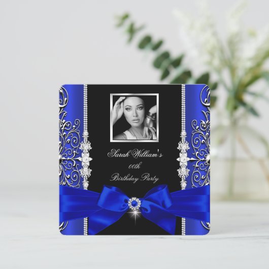 Royal Blue Bow Birthday Party Black Silver Foto 3 Einladung (Stehend Vorderseite)
