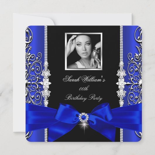 Royal Blue Bow Birthday Party Black Silver Foto 3 Einladung (Vorderseite)