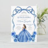 Royal Blue Bow Princess Silver Crown Quinceañera Einladung (Stehend Vorderseite)