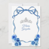 Royal Blue Bow Princess Silver Crown Quinceañera Einladung (Rückseite)