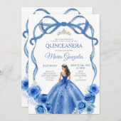 Royal Blue Bow Princess Silver Crown Quinceañera Einladung (Vorne/Hinten)