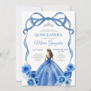 Royal Blue Bow Princess Silver Crown Quinceañera Einladung