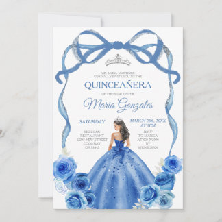 Royal Blue Bow Princess Silver Crown Quinceañera Einladung