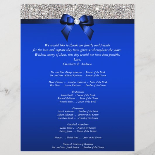 Royal Blue Bow Silver Sequins Hochzeitsprogramm (Rückseite)