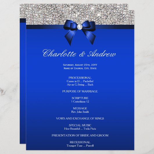 Royal Blue Bow Silver Sequins Hochzeitsprogramm (Vorne/Hinten)
