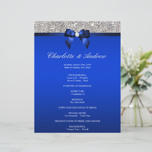 Royal Blue Bow Silver Sequins Hochzeitsprogramm (Stehend Vorderseite)