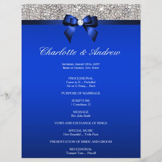Royal Blue Bow Silver Sequins Hochzeitsprogramm (Vorderseite)