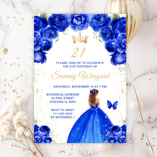 Royal Blue Brown Hair Princess Birthday Party Einladung
