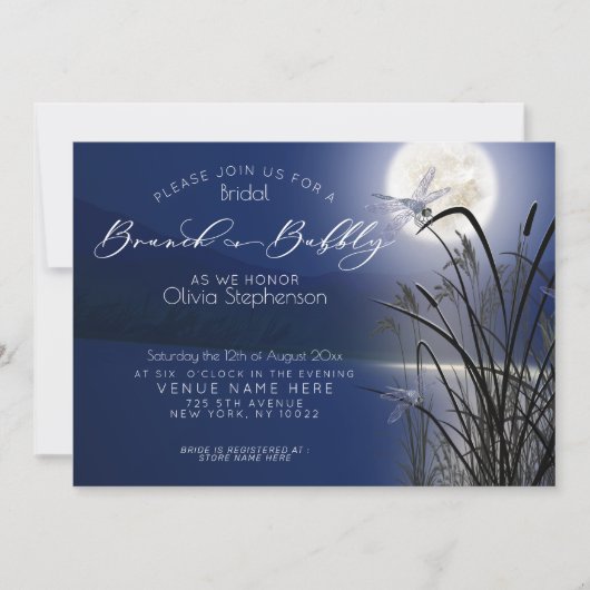 Royal Blue Brunch Bubbly Full Moon Dragonfly Einladung (Vorderseite)