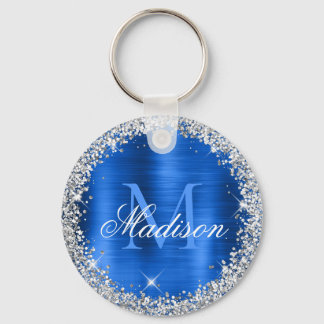 Royal Blue Brushed Metal Silver Glitter Monogram  Schlüsselanhänger
