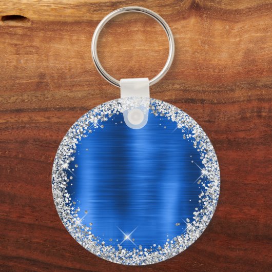 Royal Blue Brushed Metal Silver Glitter Monogram  Schlüsselanhänger (Rückseite)