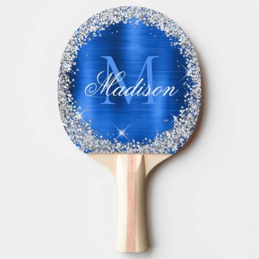 Royal Blue Brushed Metal Silver Glitzer Monogram Tischtennis Schläger (Vorderseite)