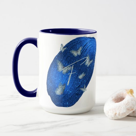Royal Blue Butterfells Initials Letter F Monogram Tasse (Mit Donut)