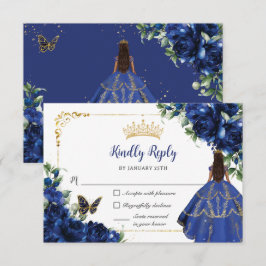 Royal Blue Butterflies Princess Gold Quinceañera RSVP Karte