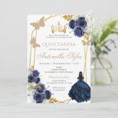 Royal Blue Butterflies Quinceanera Einladung (Stehend Vorderseite)