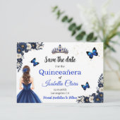 Royal Blue Butterfly Quinceañera Save the Date (Stehend Vorderseite)