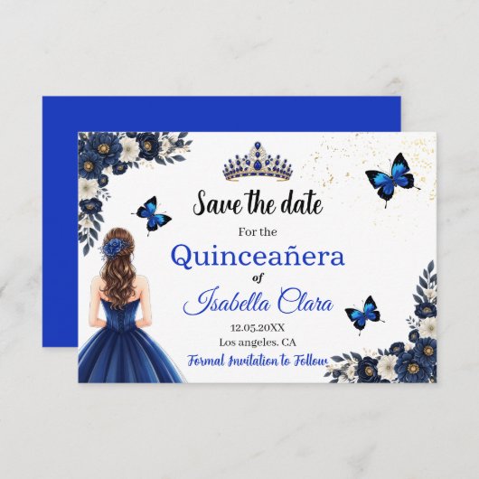 Royal Blue Butterfly Quinceañera Save the Date (Vorne/Hinten)