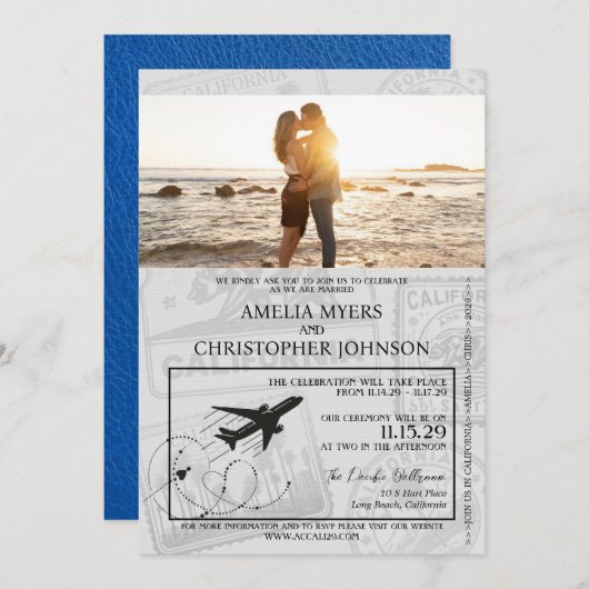 Royal Blue California Passport Wedding Einladung (Vorne/Hinten)