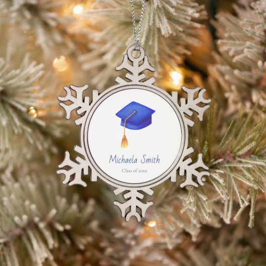 Royal Blue Cap Graduation Christmas Schneeflocken Zinn-Ornament (Baum)