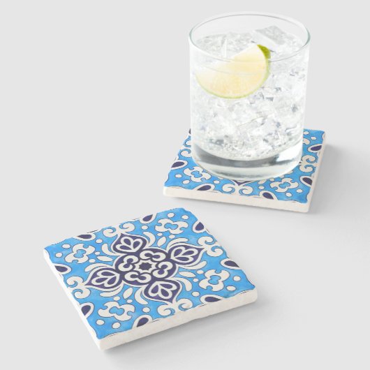 Royal Blue Ceramic Classic Geometric Mosaic Steinuntersetzer (Seitenansicht)