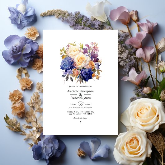 Royal Blue, Champagne, Cream Rose & Mauve Wedding Einladung