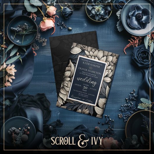 Royal Blue & Champagne White Bloom Wedding Einladung