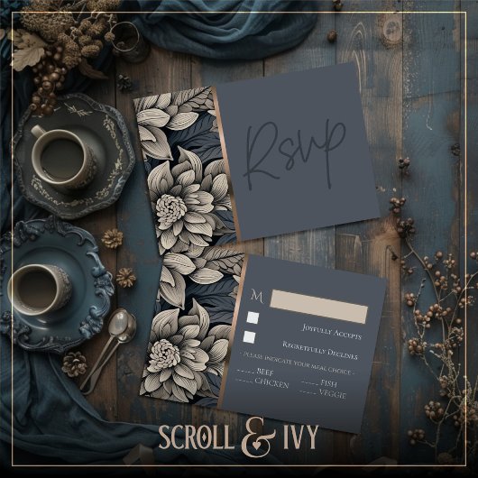 Royal Blue & Champagne White Bloop Card RSVP Karte